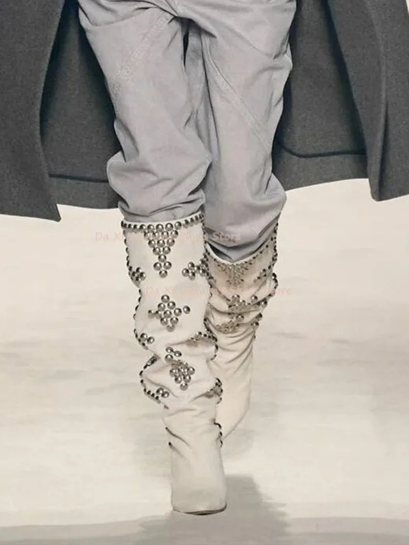 Yellow Faux Suede Over-The-Knee Boots Pointed Tip Cone Heel Design Adorned With Studs And Pleat Details Women's Winter Boots