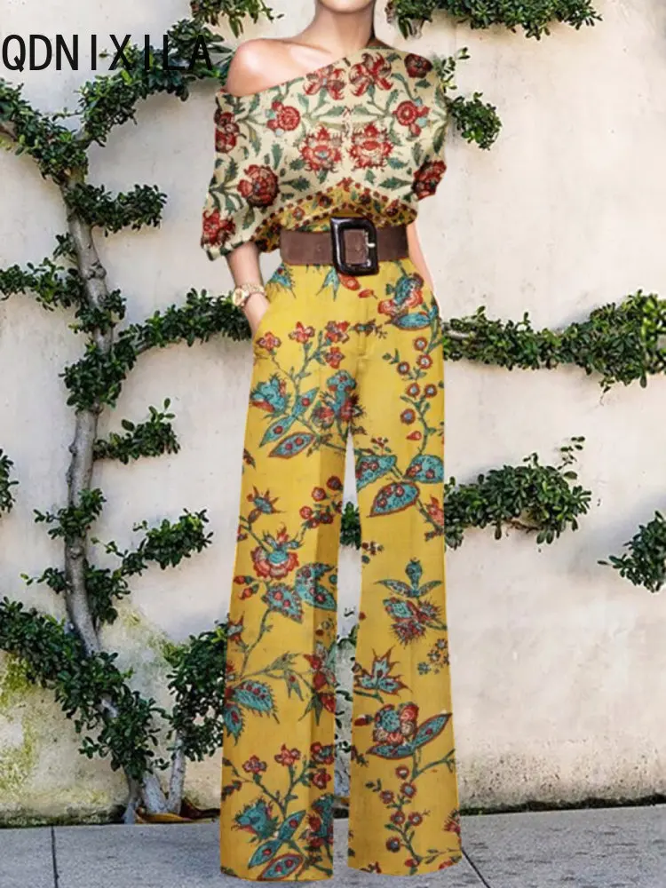 New Women Jumpsuits Elegant Office Lady Loose Wide Leg Pants Bodysuits Skew Collar Floral Printing Sweet  jump suits for women