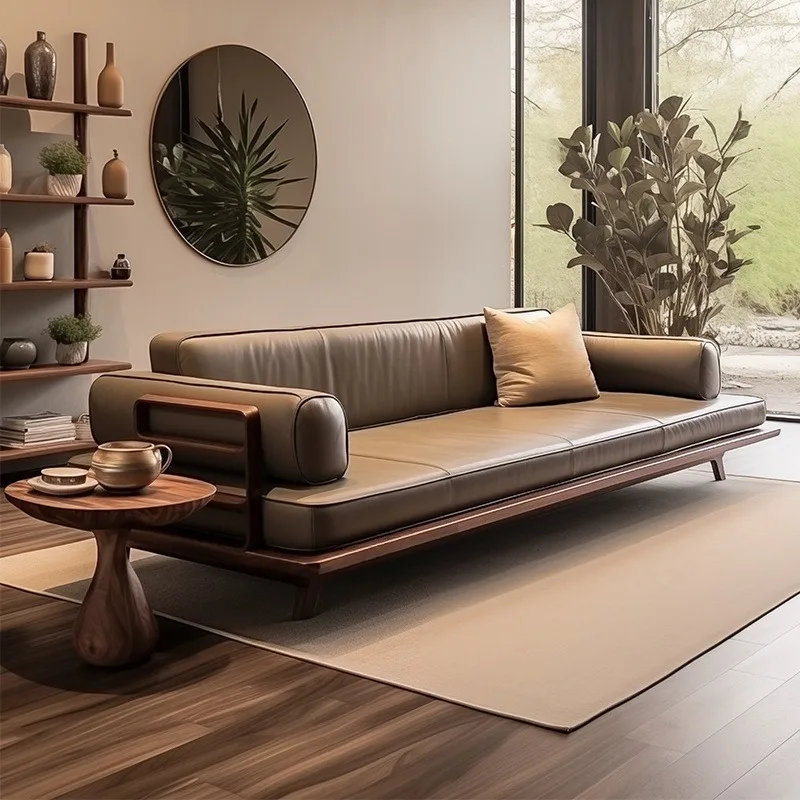 New Chinese straight-row sofa, North American black walnut three-person Japanese-style wabi-sabi fabric sofa B & B hotel