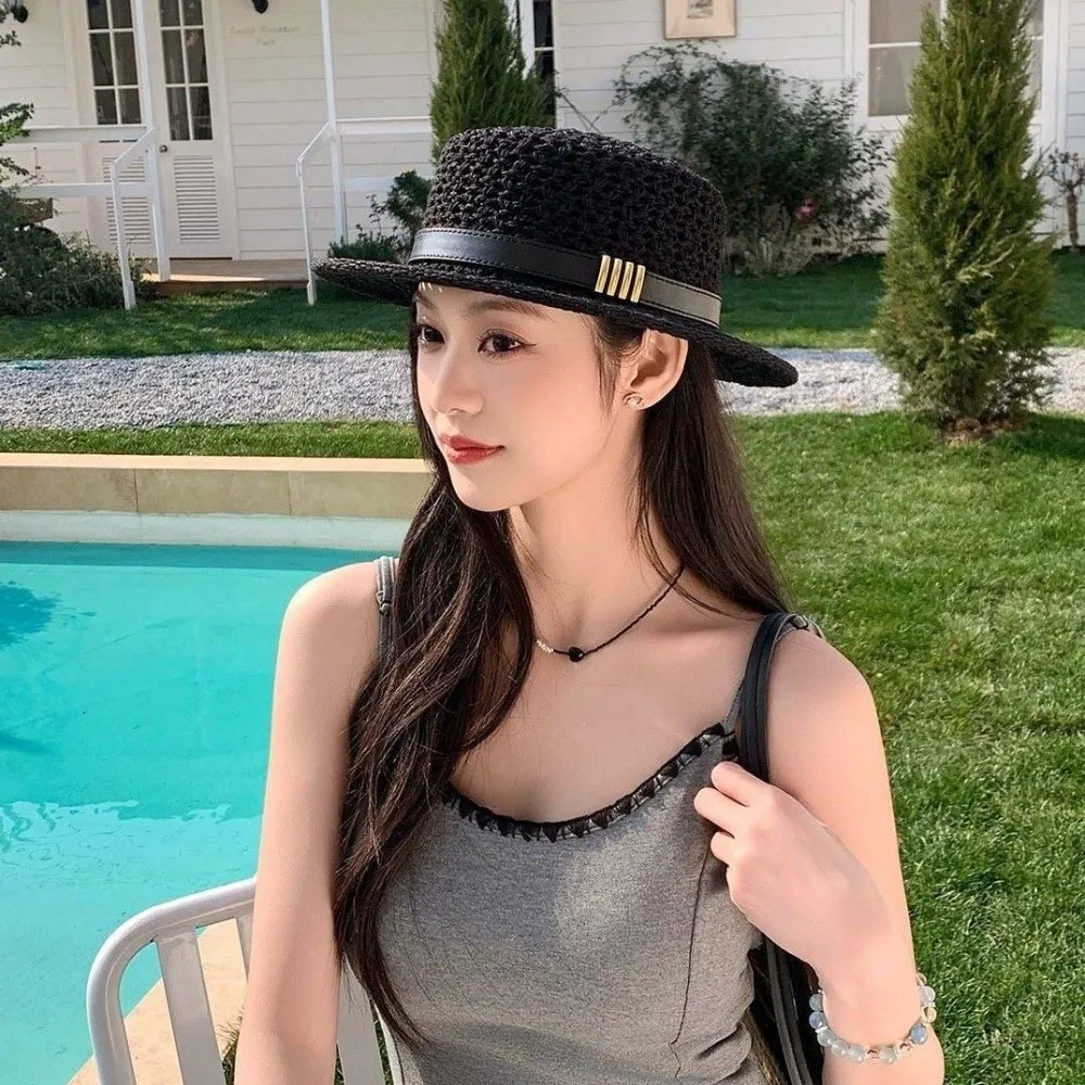 

Sun Protection Straw Boater Hat Lightweight Adjustable Handwoven Sun Cap Exquisite Craftsmanship Wide Brimmed Flat Top Beach Hat