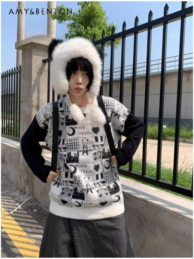 

2024 Japanese Autumn New Original Design Cartoon Soft Panda Imitation Mink Crew Neck Sweater For Women