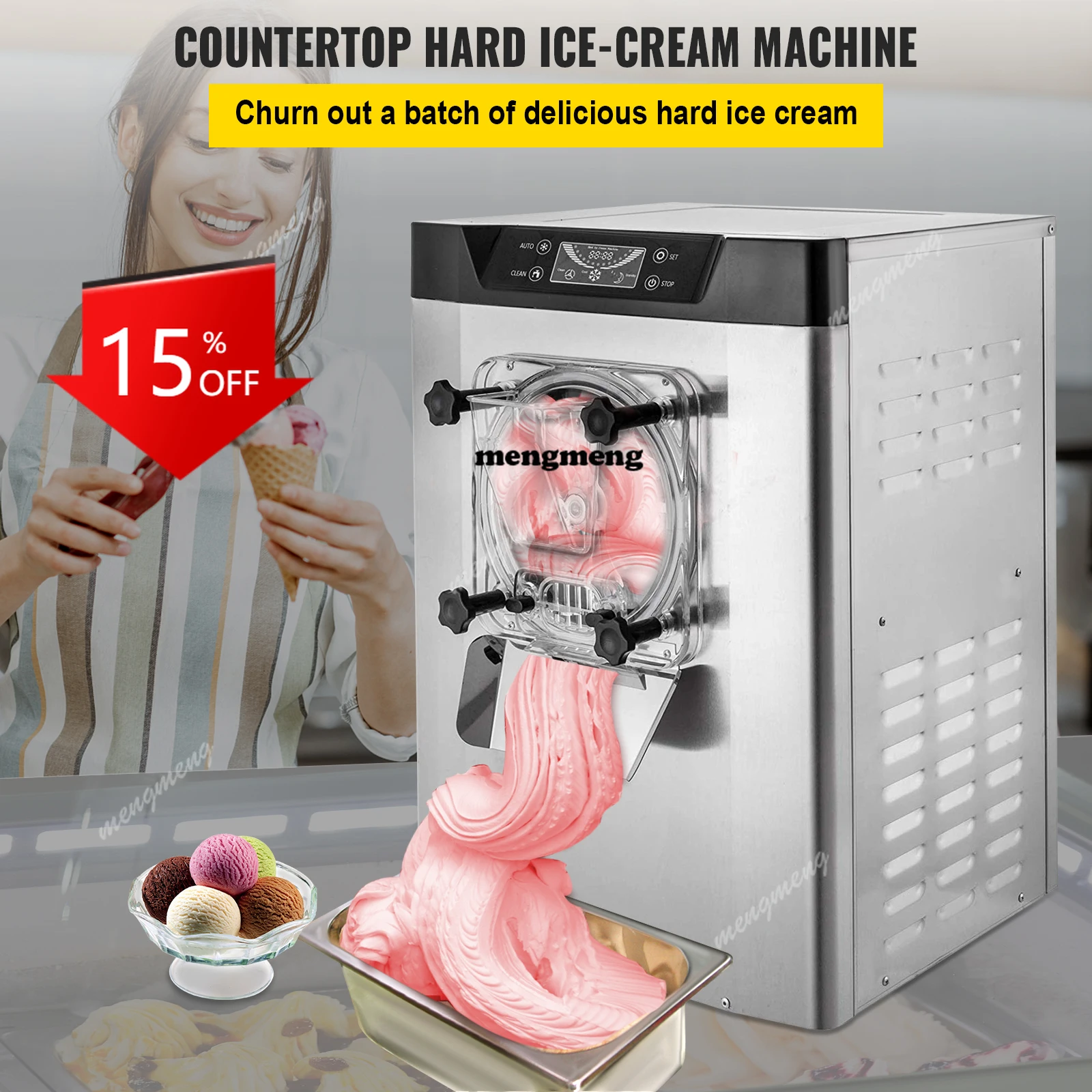 

E132 20 L/H Ice Cream Machine Table Top Hard IceCream Yogurt Maker 1400W Automatic Benchtop Gelato Home Appliance Commercial