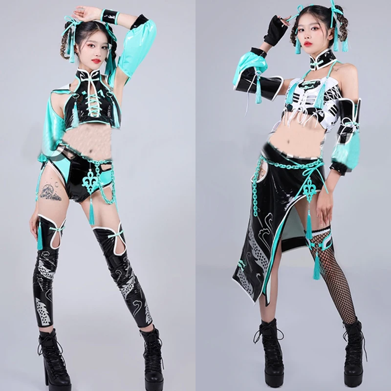 Gogo Dancer Costumes Sexy Pole Dance Clothing Black Blue PU Sets Women Stage Perforamnce Wear Nightclub Dj Rave Outfit XS5286