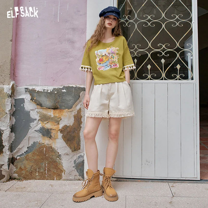 ELFSACK 2025 Summer New Arrivals White High Waisted Tassel Casual Shorts For Women