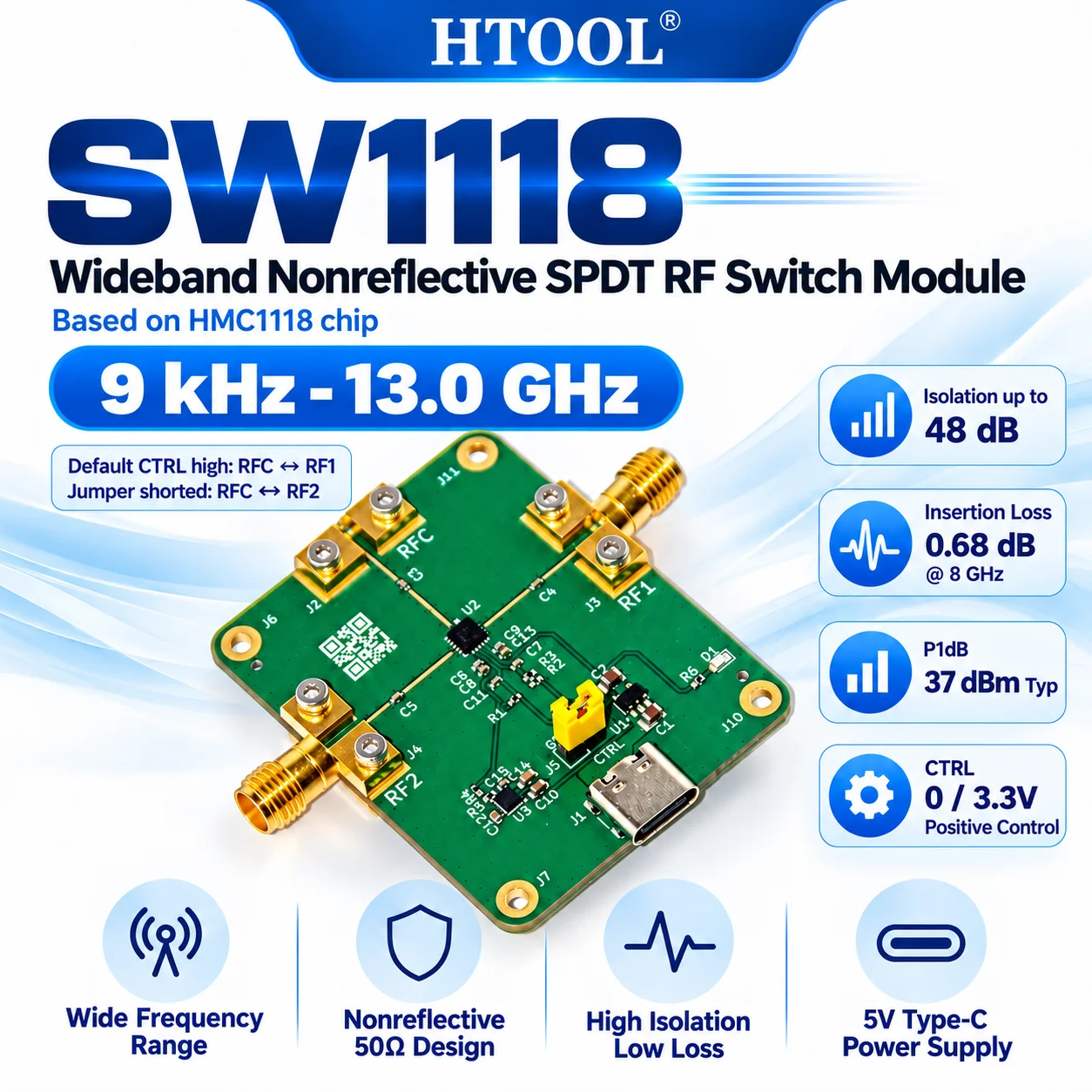 HTOOL SW1118 9kHz-13GHz Wideband SPDT RF Switch Module HMC1118 High Isolation Low Insertion Loss 50Ω USB-C