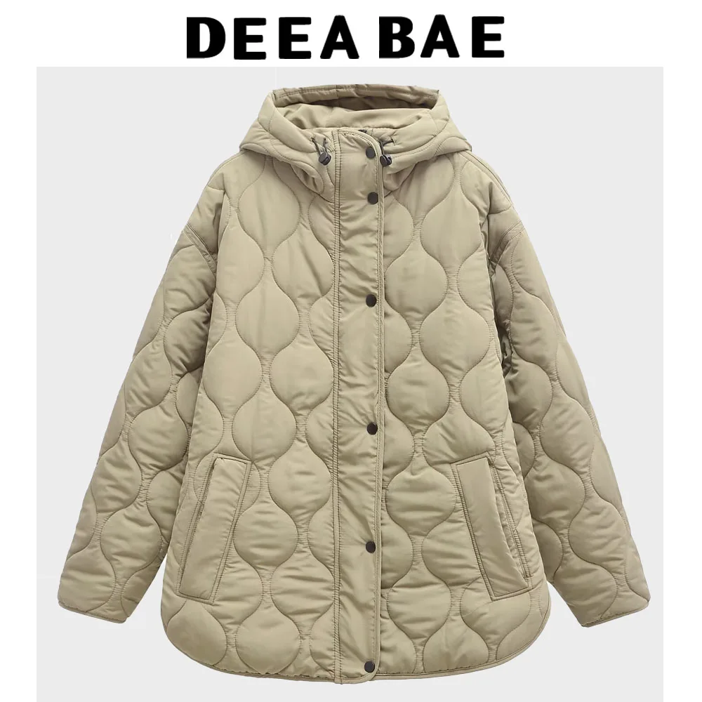 DEEABAE New Winter Clothes Women 2025 Hooded Line Diamond Grid Basic Version Loose Cotton Clothing Outdoor Clothes