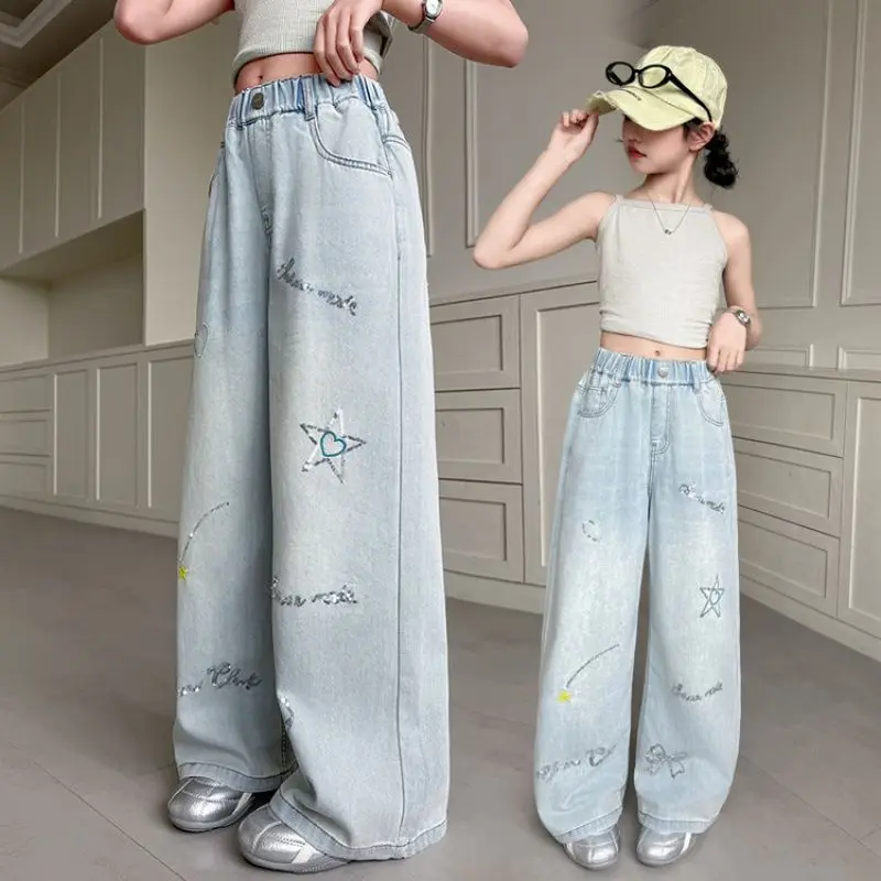 New Stylish Kids Relaxed Fit Star Print Jeans with Drawings for Teens Girl Casual Sequins Denim Pants Children's Summer Trousers