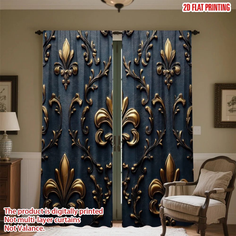 

2D flat printing 2pcs Party Curtain Golden Fleur-de-Lis Design Digital Printed Polyester Drapes Party Decorations for Bedroom
