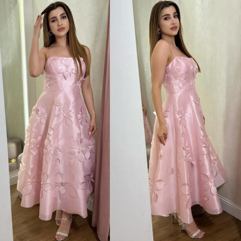 

Customized Sizes Available Charmeuse Pearl Flower A-line Strapless Midi Dresses Bespoke Occasion Formal