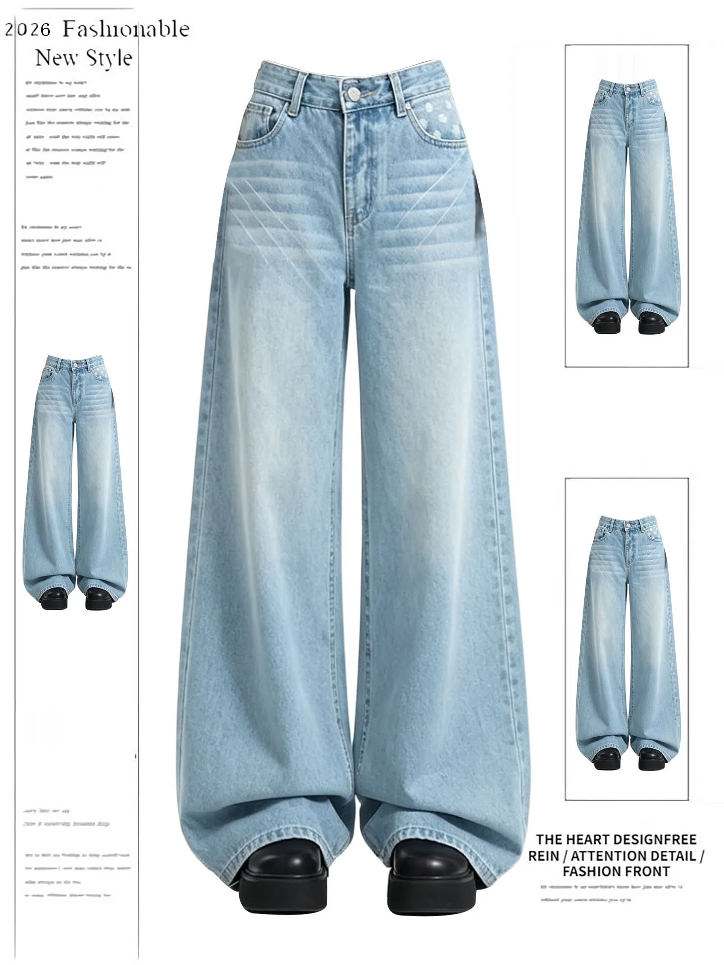 

Summer New Korean Style Light Blue Denim Wide Leg Pants Women Casual Polka Dot Design Sensation High Waist Slimming Long Trou...