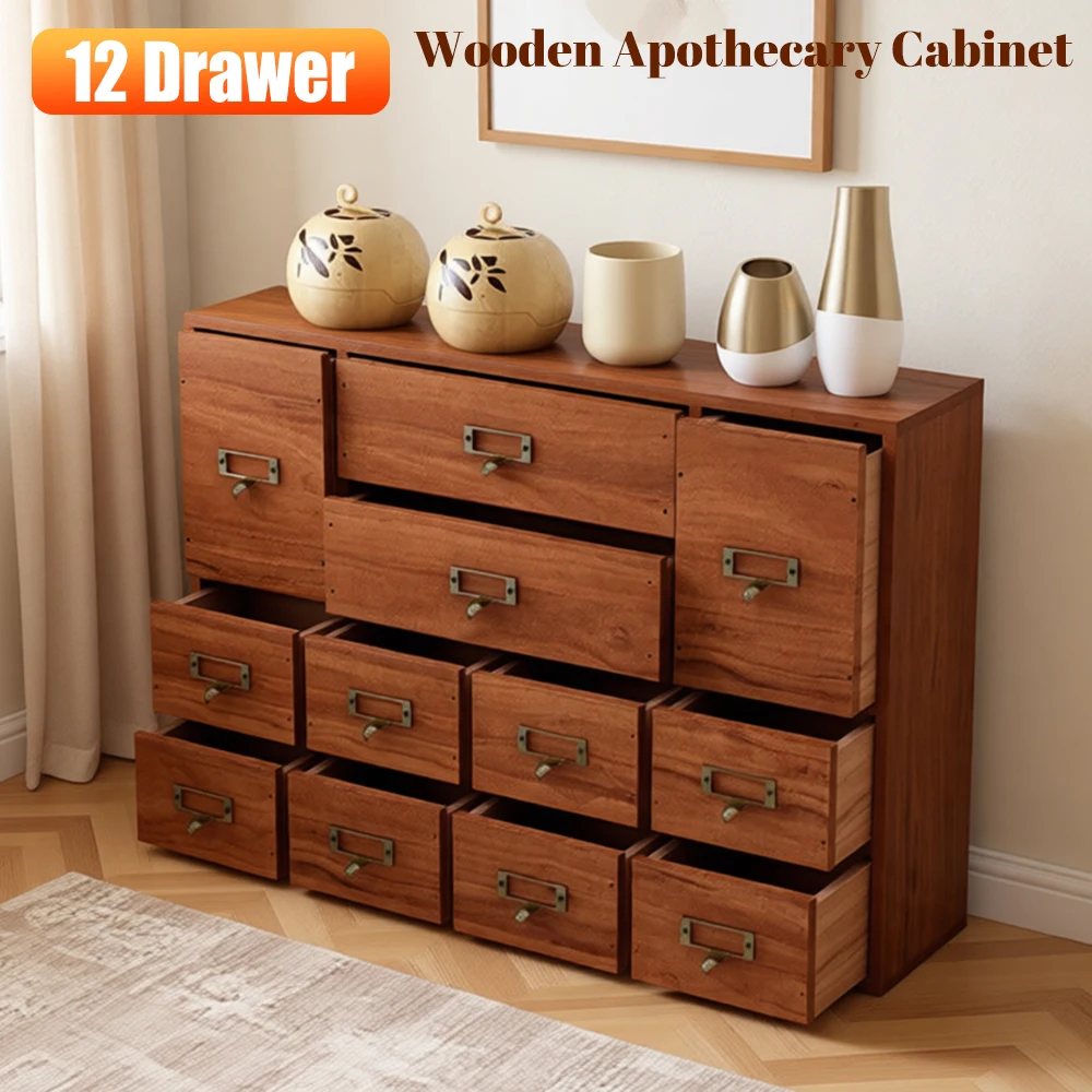 

Wooden Vintage Apothecary Cabinet with 12 Drawers Desk Drawer Home Office & Tea & Dresser Bedroom Organization and Storage
