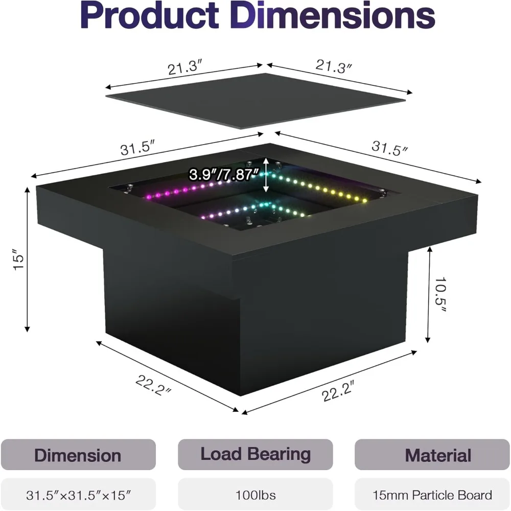 طاولات القهوة الحديثة باللون الأسود من FKWin - طاولة قهوة مربعة بمرآة عمق لا نهاية له مع أضواء LED، طاولة سوداء لغرفة المعيشة، مزاج #2