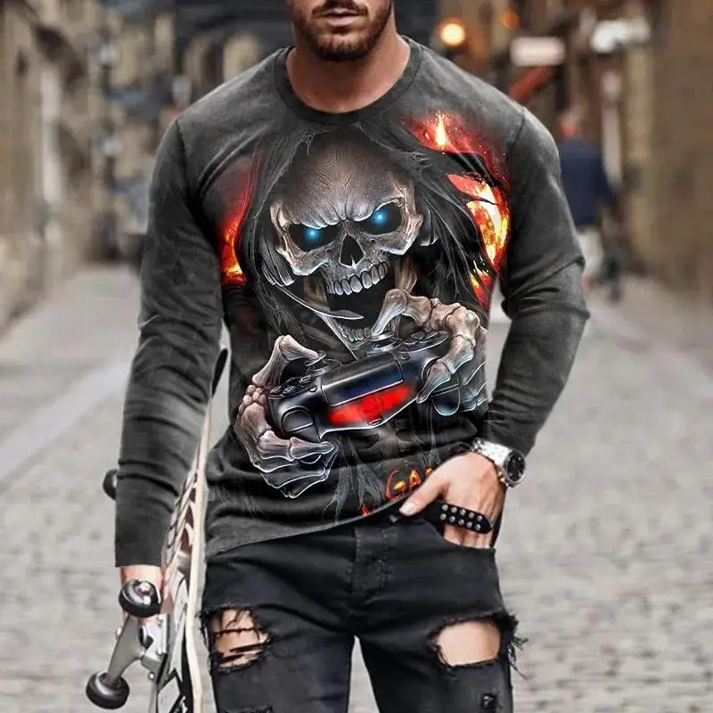 Men Floral Sugar Skull Rose Gothic Streetwear Long Sleeve Crew Neck Tee