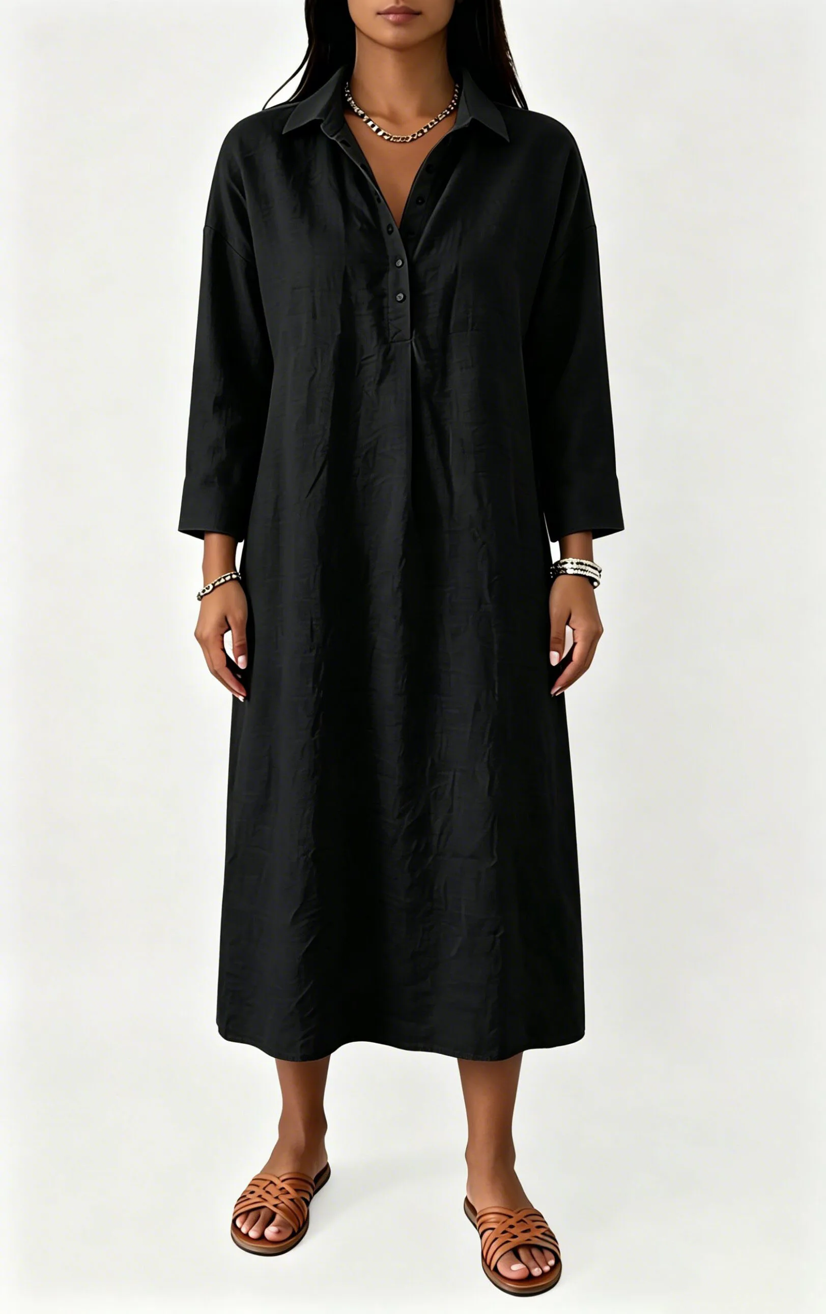 Women Linen Shirt Maxi Dress Lapel Half Button 3/4 Sleeve Loose Casual Long Dress Plus Size Holiday Beach Sundress
