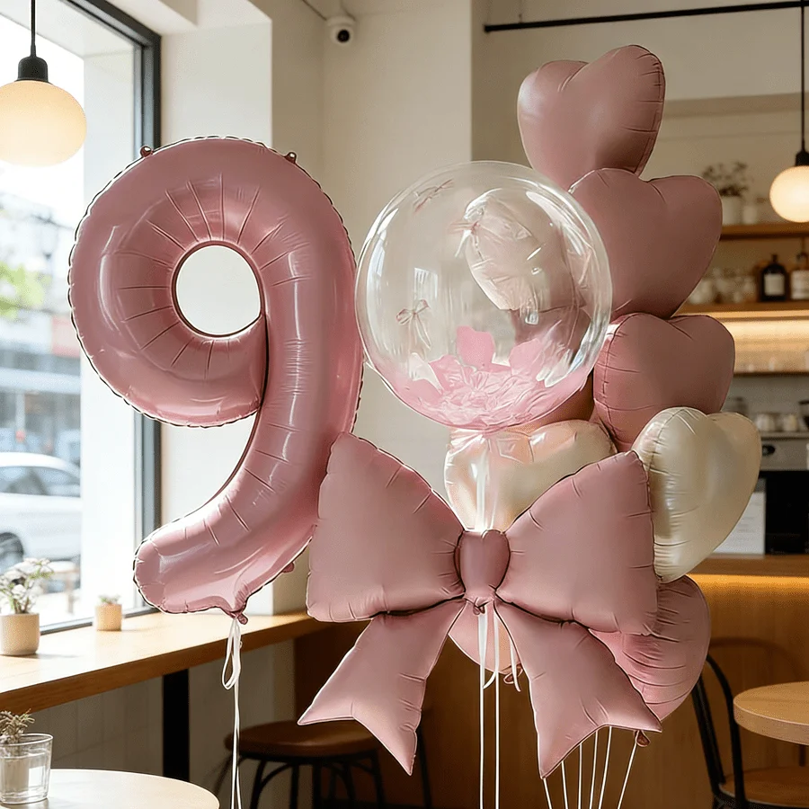 18-teiliges Rosa Geburtstagsparty-Set, 32-Zoll-Zahlen- und 0-9-Folienballons, Transparente, Matte Rosa Schleifen, Macaron- und Creme-Herzballons Deko – Detail 6