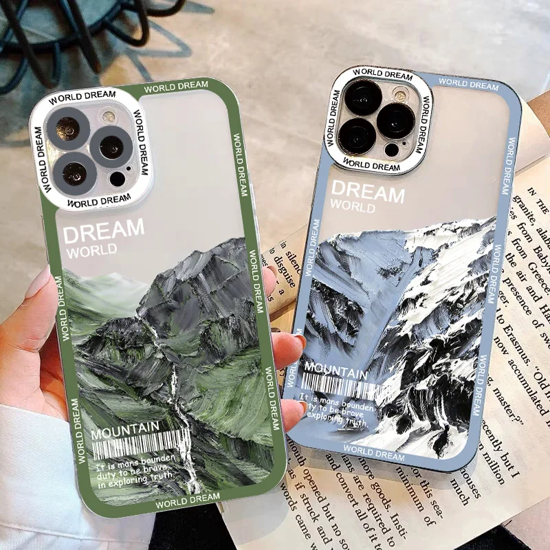 Snow Mountain landscape Transparent Phone Case For iPhone 7 8 Plus SE2 13 12 11 14 Pro Max X XR XS Cases Luxury Clear back Cover