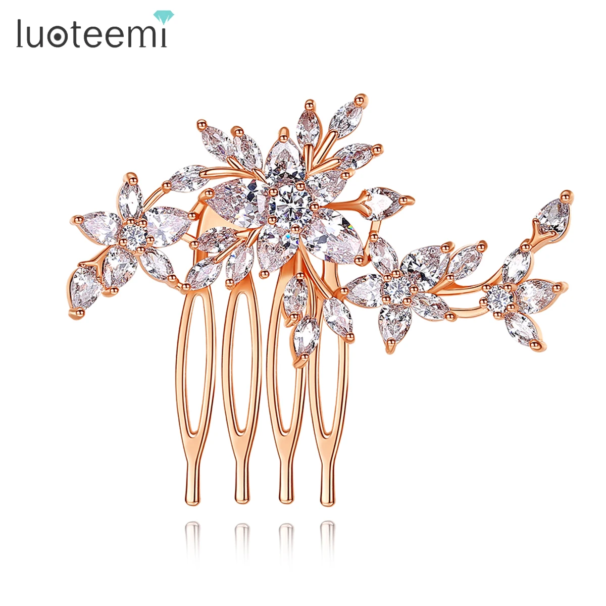 

LUOTEEMI Trendy Rose Gold Color Wedding Bridal Haircomb Flower Shaped Girl Hair Accessories Shinning Crystal CZ Head Jewelry