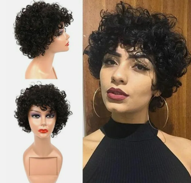 Women Pixie Wigs Short Black Curly Pixie Cut Wigs Loose Wave Synthetic Hair