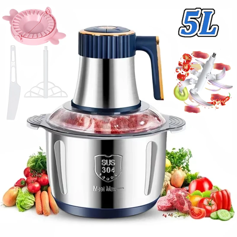Tritacarne elettrico da 5 litri Frantoio per alimenti in acciaio inossidabile 304 Affettatrice per verdure multifunzionale Chopper Tritacarne Robot da cucina per bambini