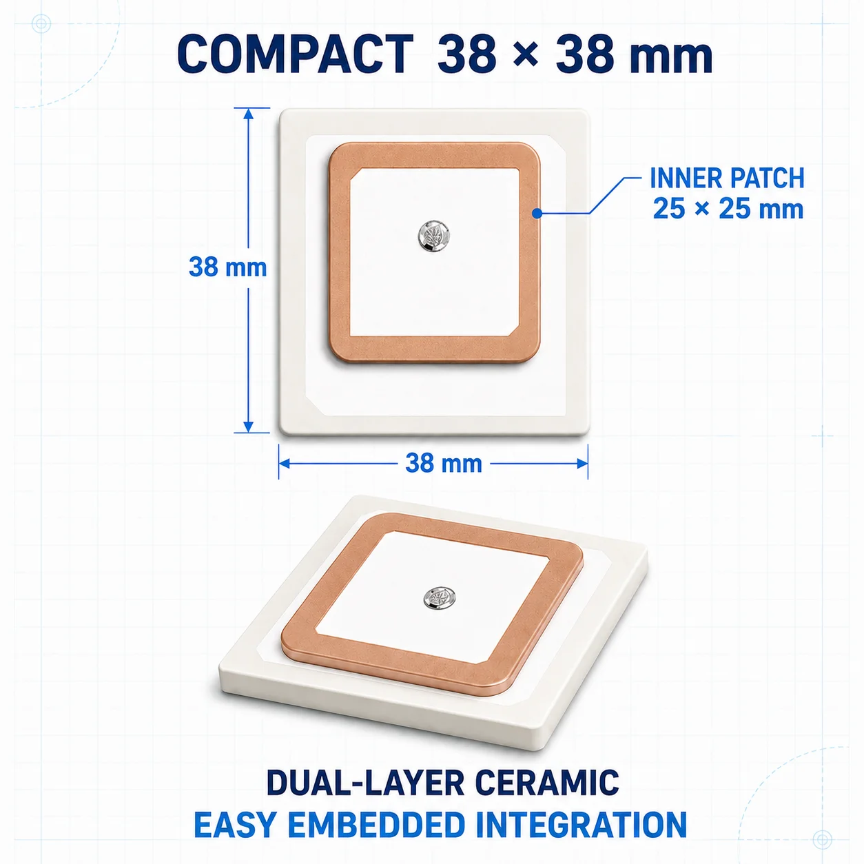 38×38mm GPS L1 L2 Dual-Band Passive Stacked Ceramic Patch Antenna for GNSS RTK Receiver OEM for UAV Robot Embedded Navigation