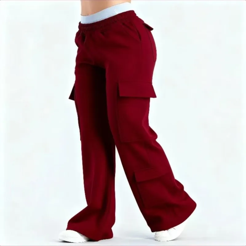 Lässige Einfarbige Damen-Jogginghose Gerade Hose Trendige Sport-Hose mit Mehreren Taschen Damen Niedrige Taille Weites Bein Hose Femme