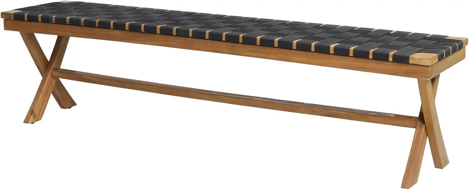 

Knight Home Jeffery Outdoor Acacia Wood Bench with Rope Seating, Black and Teak 61x13.75x16.25 inches