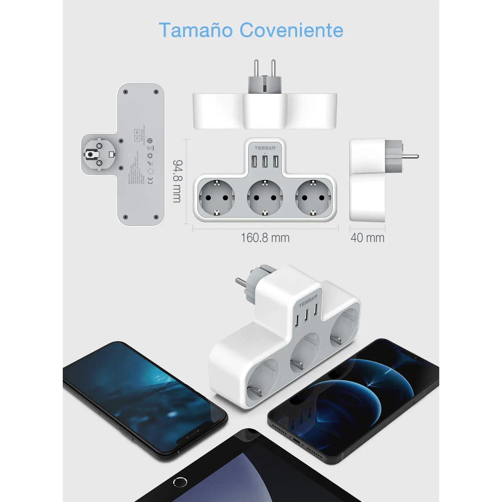 TESSAN Compact Wall USB C Plug Socket 5 in 1 Thief Socket with 3 Schuko 3 USB Ports Multiple Plug Adapter for Home Office Travel
