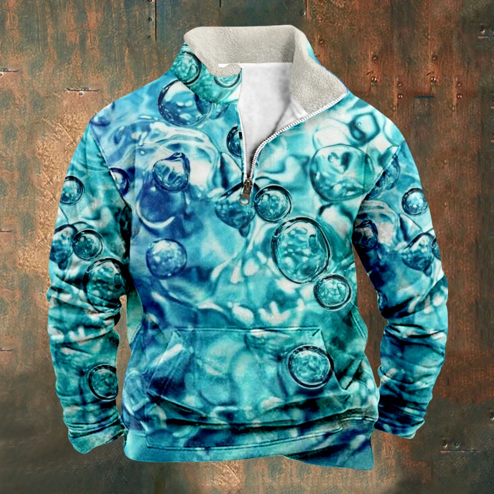 

Patchwork Men's Sweatshirt Vintage Blue Vesicle Print Sweatshirts Long Sleeve Stand Collar Zipper Casual Pullovers