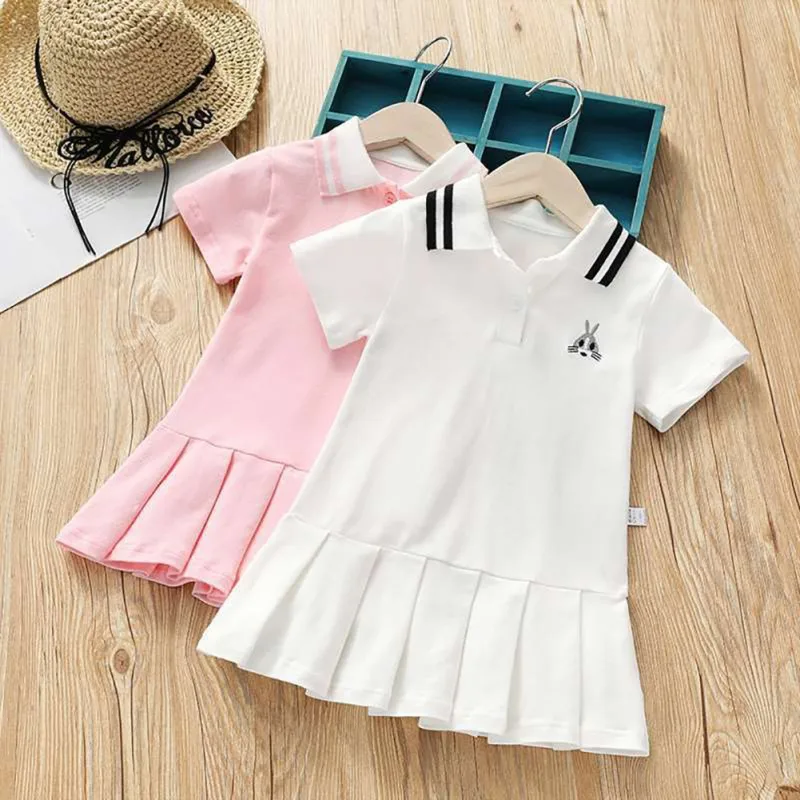 Children Baby Girls Dress Summer Pink White Cute Elegant Princess Dress Lapel Collar Birthday Party Clothes 3-13 Years Old