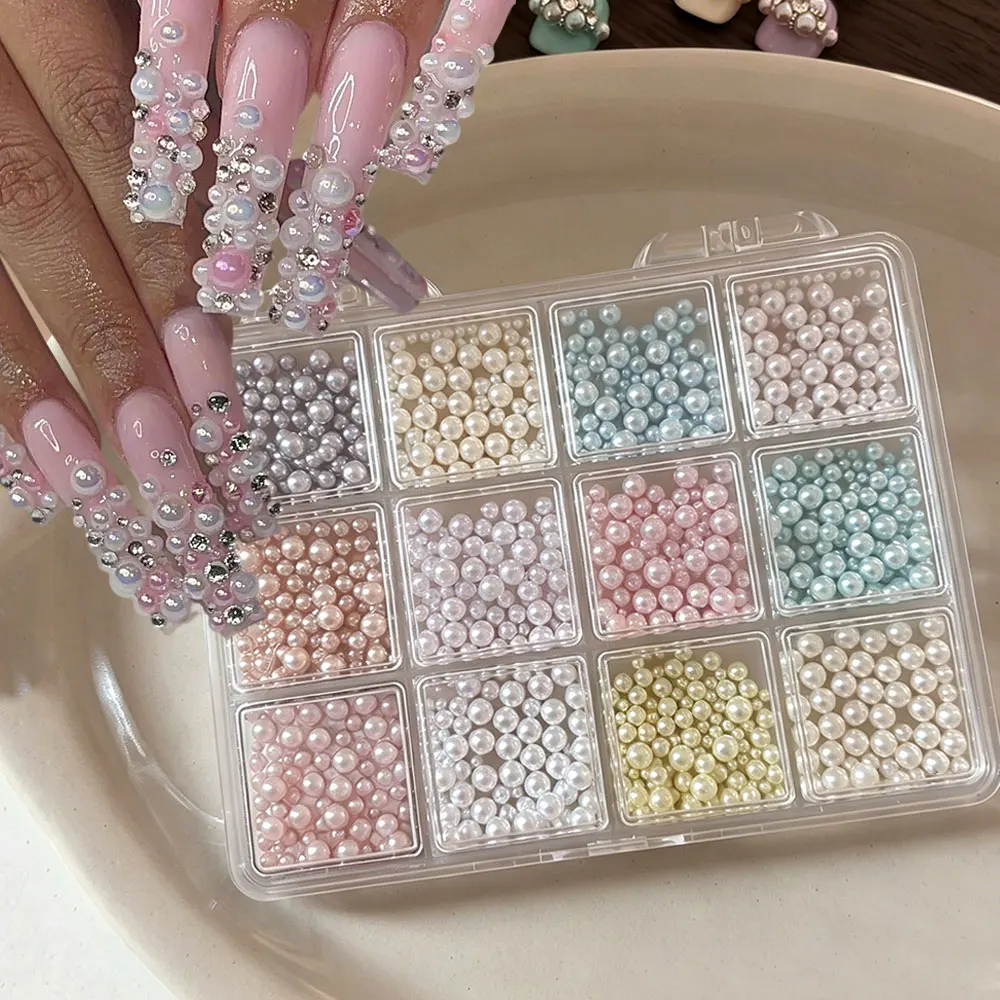 12 grilles de perles rondes Dopamine, strass pour ongles, perles colorées de tailles variées, breloques pour ongles, accessoires pour ongles 3mm-5mm #