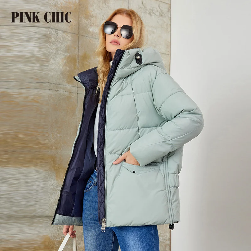 Imagem -02 - Chic-parka Curta com Capuz com Laço Feminino Jaqueta Quente Bolso Cabolsa de Inverno Fêmea W6509 2023 Rosa