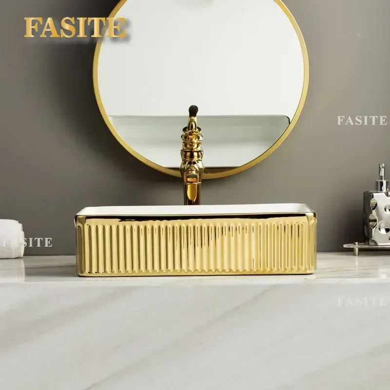 For Bathroom Customized Ceramic Art Basin Electroplated Gold Table Wash Basin Small Single Sink with Faucet Modern Luxury