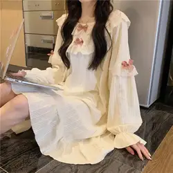 Lace Women Nightgown Korean Sleepwear Ruffle Nightwear Autumn Night Dress Long Sleeve One Piece Pajamas Bow Solid Home Wear New