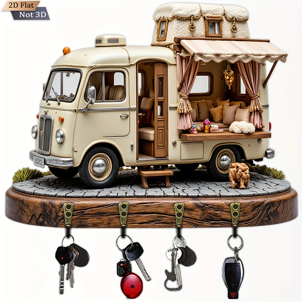 2D Flat, 1pc, Retro Rv-Style Key Hook Wooden Multifunctional Home Key Holder with Four Metal Hooks, Suitable for Wall