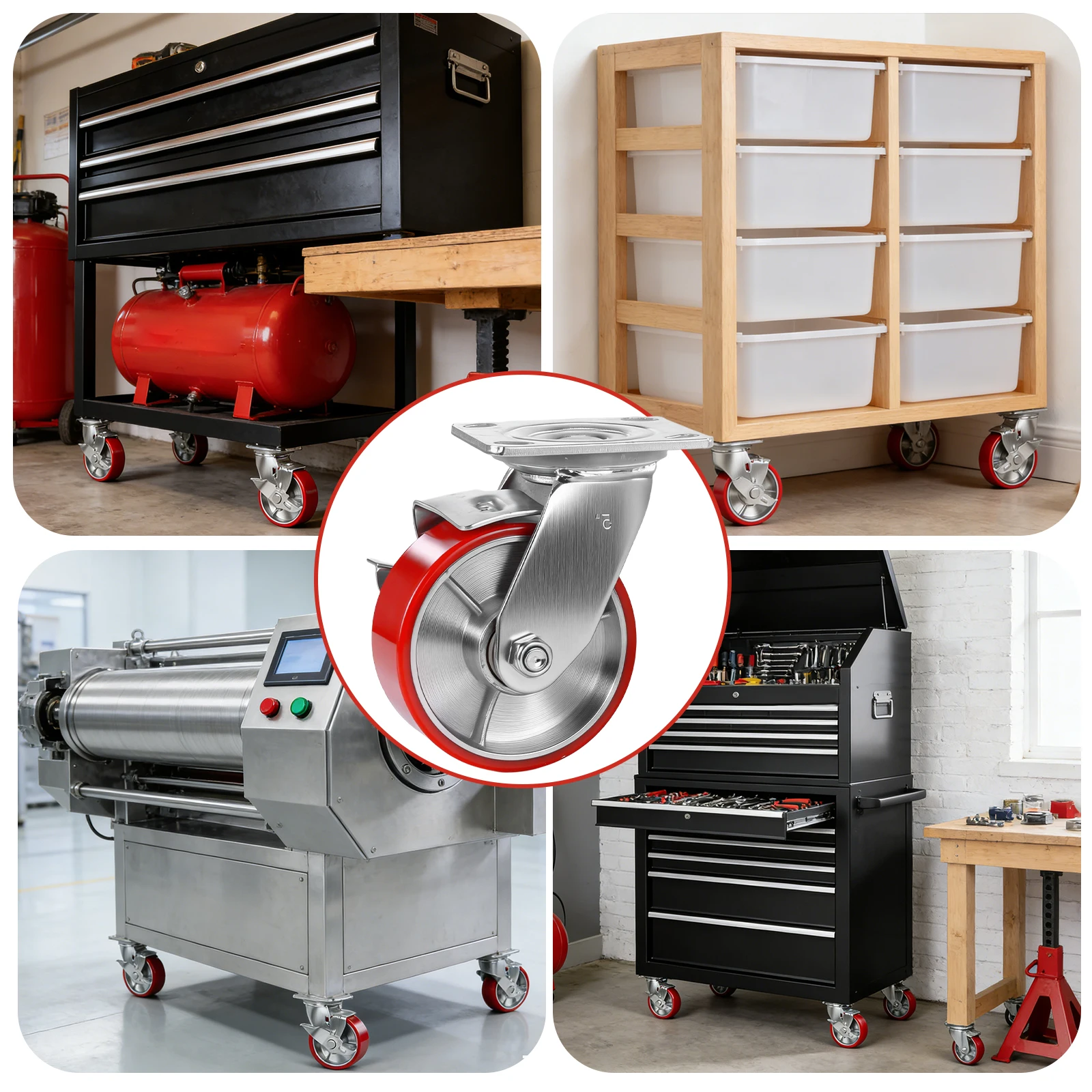 

Комплект из 4 промышленных поворотных колес с тормозом, усиленные, для стеллажей, козловых кранов, платформенных тележек