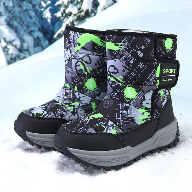 Winter children's cotton shoes outdoor waterproof and fleece warm snow boots camouflage black non-slip children's boots