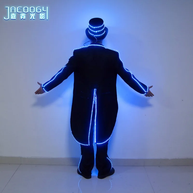 LED Tuxedo Suit Men Light Up Costume Luminous Jacket Pants Hat Tron Dance Clothes Party Stage Performance Show Magician Outfit