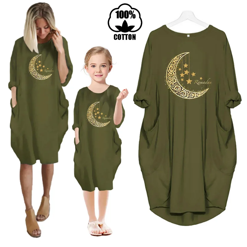 2023 Ramadan Clothes Mommy and Me Dress Kids Midi Dresses Girls Long Sleeve O-Neck Pocket Vintage Party Club Streetwear Vestidos