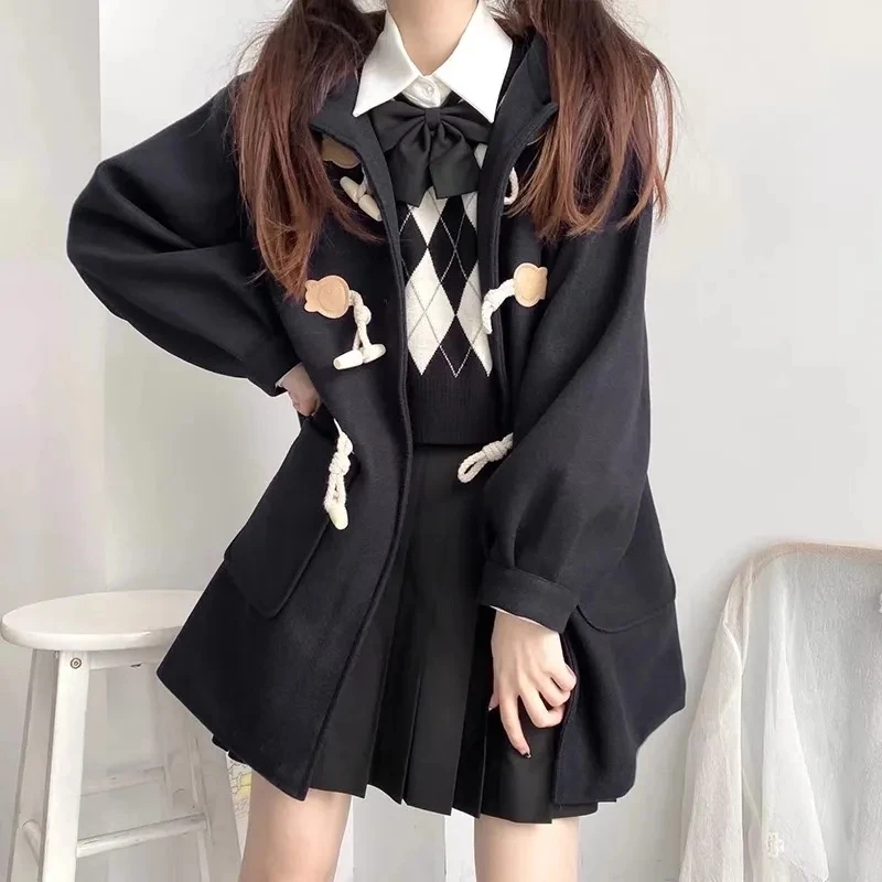 

Autumn Winter Cow Horn Button Japanese Woolen Coat Womens College Style Long Hooded Woolen Coat Thicken Warm Jacket