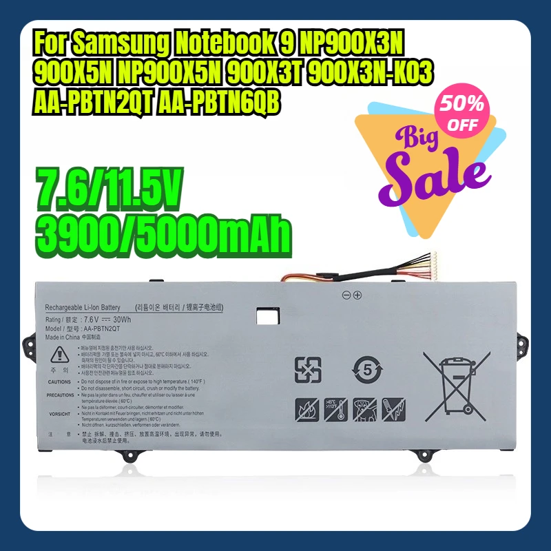 

7.6/11.5V 3900/5000mAh Laptop Batteries for Samsung Notebook 9 NP900X3N 900X5N NP900X5N 900X3T 900X3N-K03 AA-PBTN2QT AA-PBTN6QB