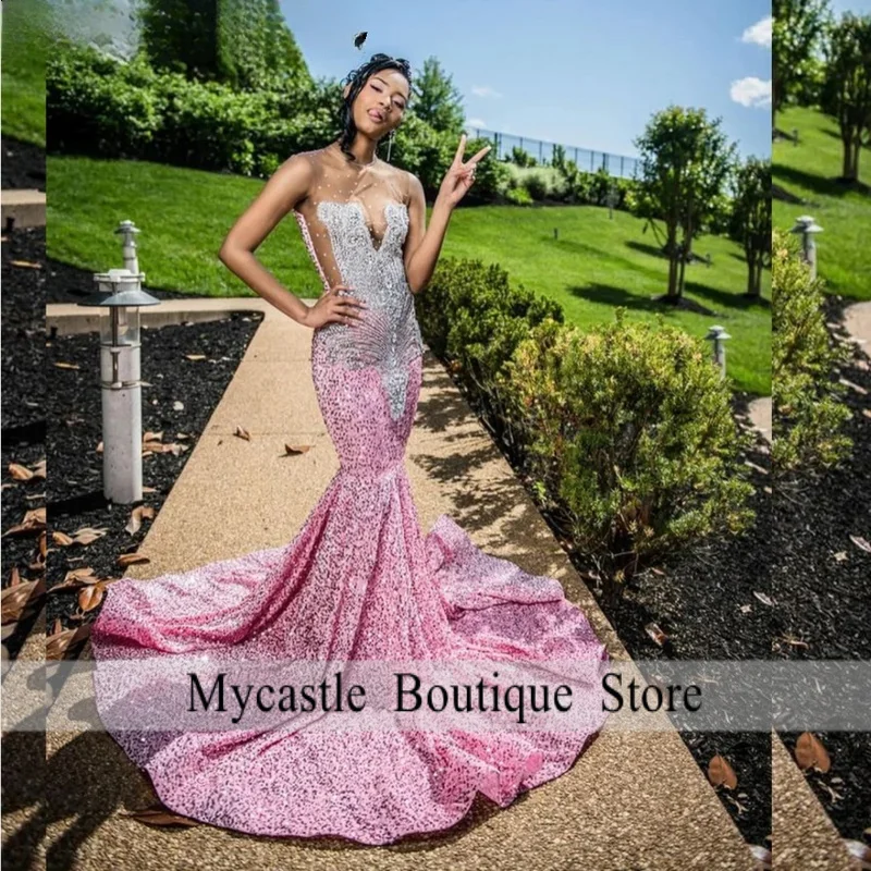 カスタマイズされたグリッターピンクスパンコールアフリカ人魚プロムドレス 2026 シルバークリスタルビーズイブニングパーティードレスローブドソワレ