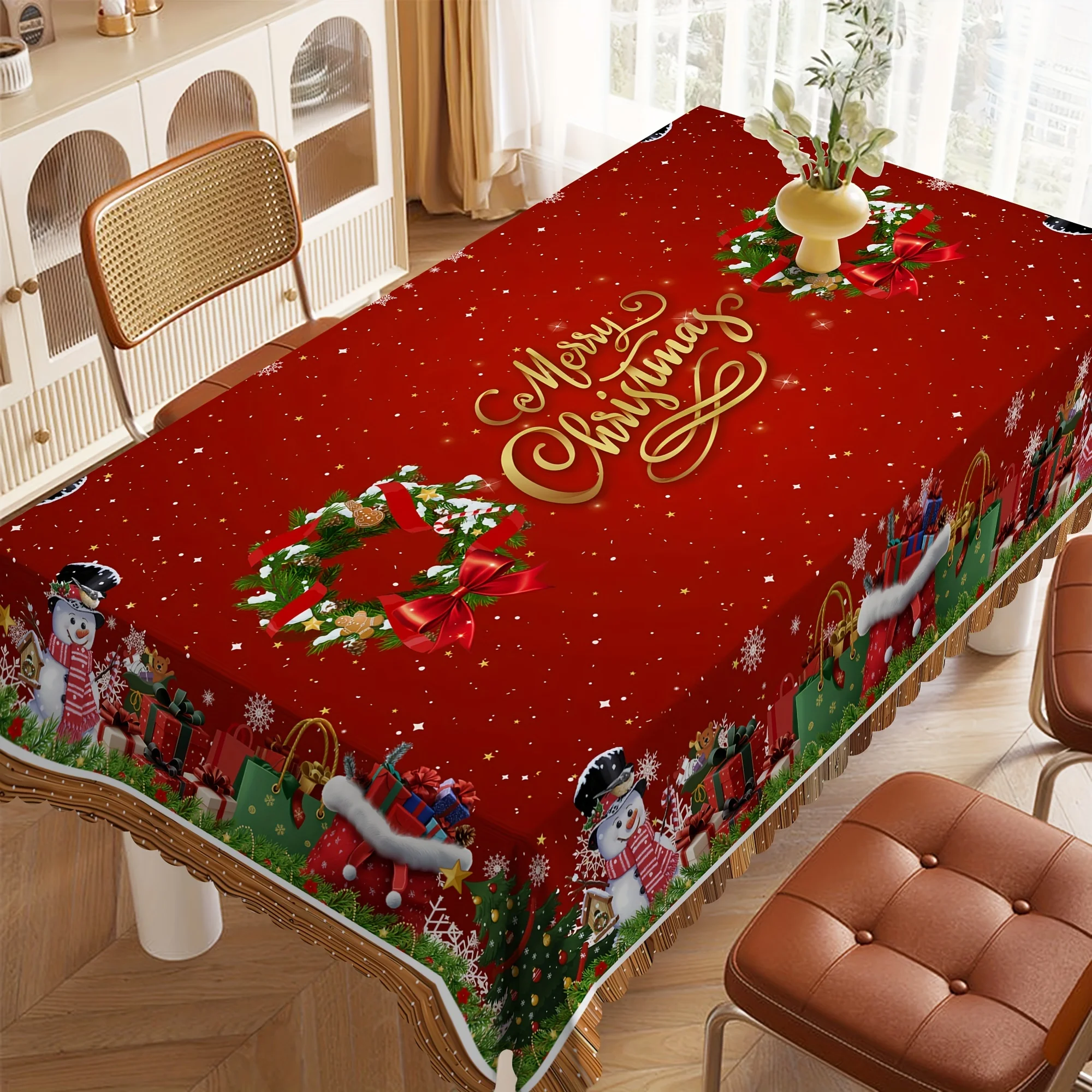 Christmas Snowman Wreath Rectangle Tablecloth Table Decor Winter Xmas Snowflakes Kitchen Dining Table Cloth Christmas Decoration