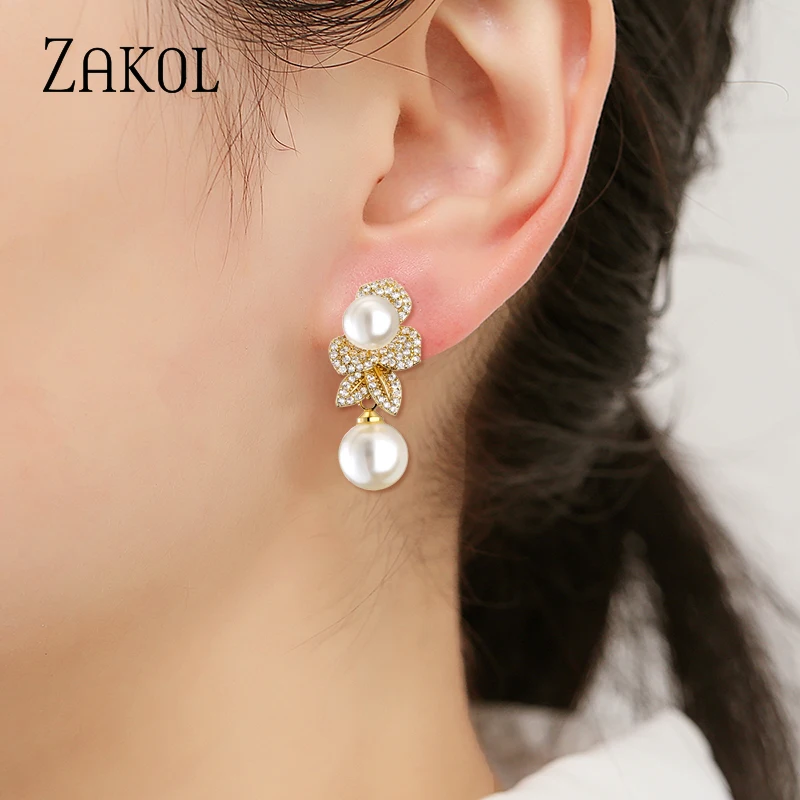 ZAKOL New Temperament Shiny Micro-inlaid Cubic Zirconia Pearl Drop Earrings Luxury Leaf Engagement Party Jewelry for Women