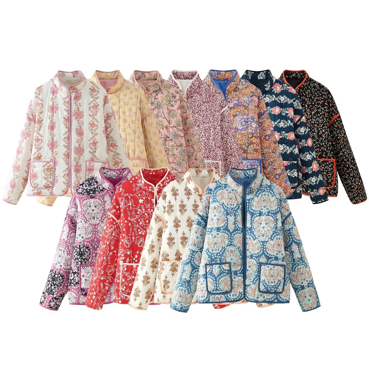 Veste à imprimé floral pour femme, manches longues, col montant, manteau matelassé, cardigan d'hiver avec poches, manteau de rue tendance, 2024