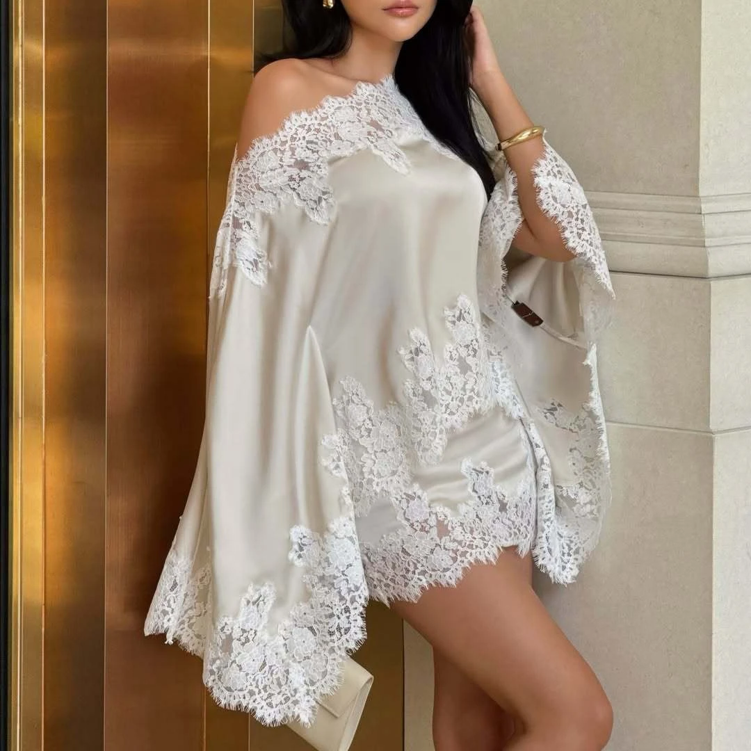 Women Two Piece Sets Skirt Set Off Shoulder Full Sleeve Tops Short Skirts A Line High Waist Y2k Streetwear Elegant Lace Sexy