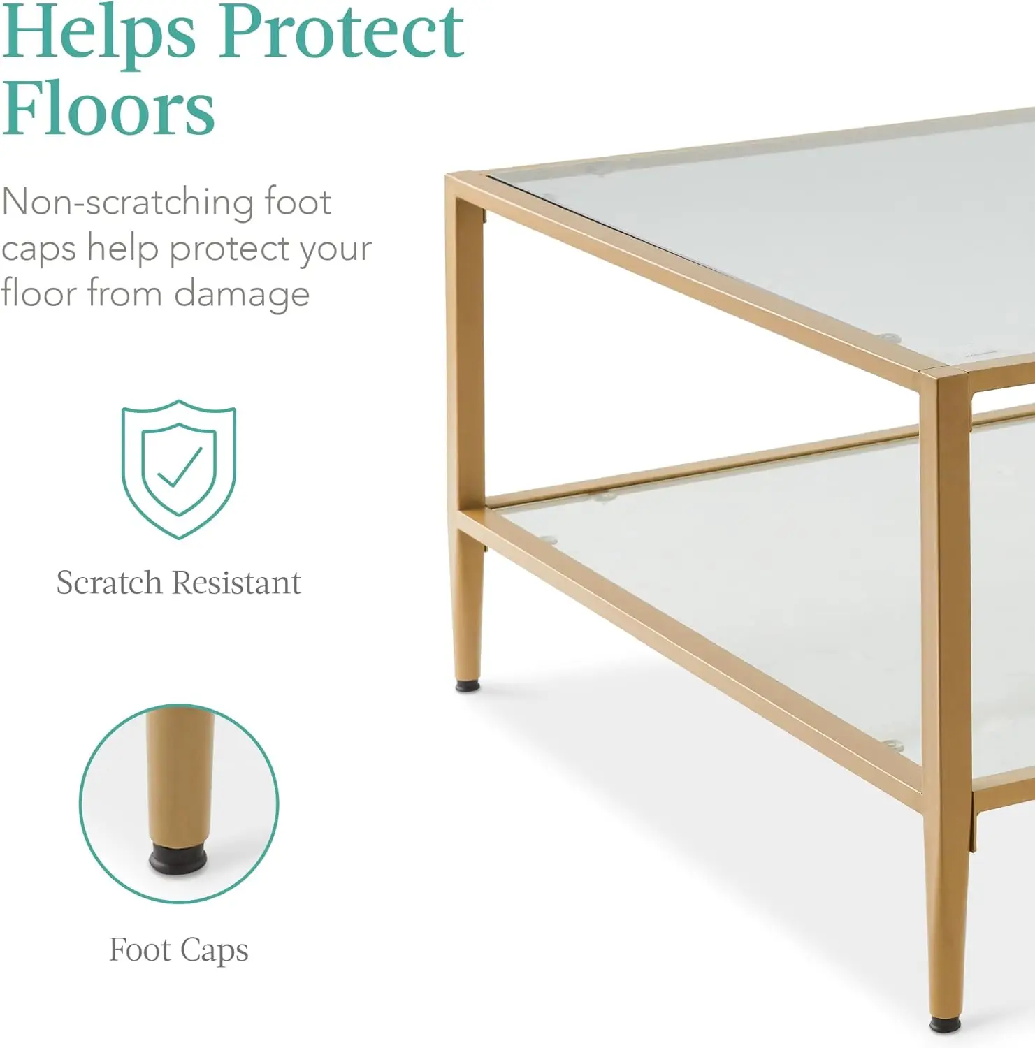 32” Modern 2-Tier Square Coffee Table - Gold Metal Frame with Glass Shelves, Large Accent Furniture for Living Room & Bedroom