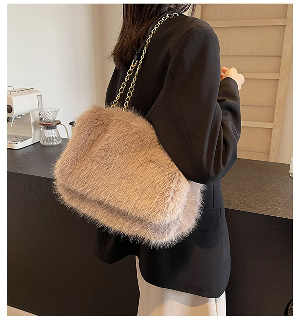 

Faux Fox Fur Women's Bag Large Capacity Solid Color Fashion Faux Fur Totes Bags Versatile Handbag For Commuter Work Shopping bag