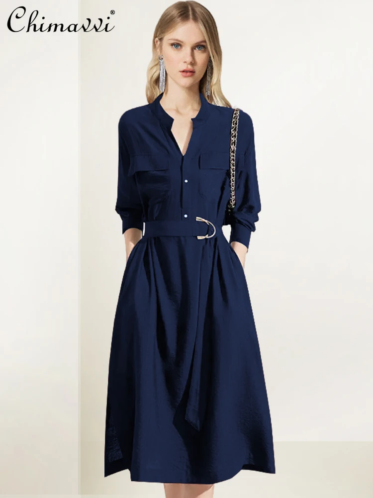 

French Simple Elegant V-neck Long Sleeve High Waiste Belt Slim Fit A-line Temperament Commuter Shirt Long Dress For Women Autumn