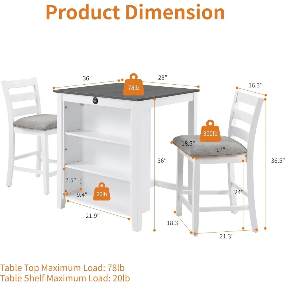 Set tavolo da bar e sedie compatto per 2 persone con stazione di archiviazione e ricarica per cucina e sala da pranzo