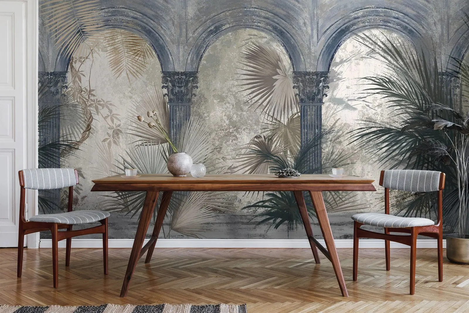 خلفية النباتات الاستوائية الغريبة ، أعمدة القوس التاريخية العتيقة العتيقة جدار جدارية ، التقليد الاستوائي التجريدي غير المنسوجة ورقة #5